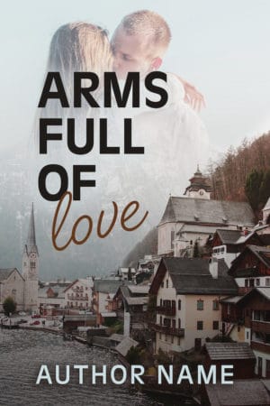 Soft, cozy book cover. A couple in the background with a mountainous small town in the foreground