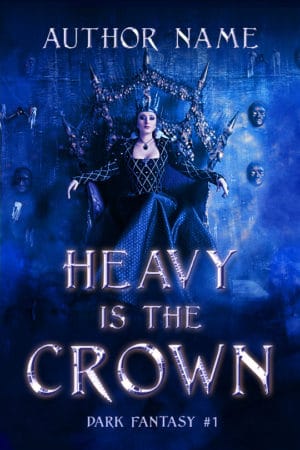 Queen sits on a throne on a blue fantasy cover