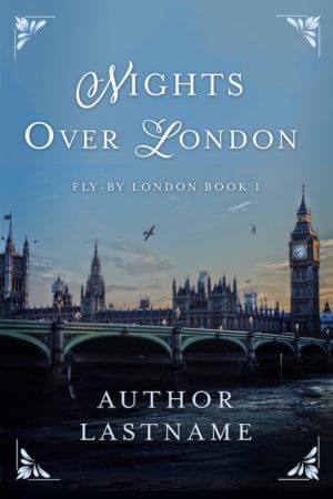 Nights over London is a classic historical novel cover. It features serif fonts, a scene of Westminster Abbey, and a few planes. Could suit world war one or world war two.