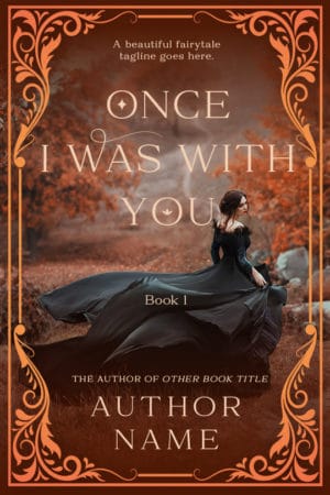 This is a historical fiction or fantasy cover. It shows a woman in a long, historical black dress in an autumnal scene. In the foreground, there is a detailed floral border. The font is a stylized fantasy font.