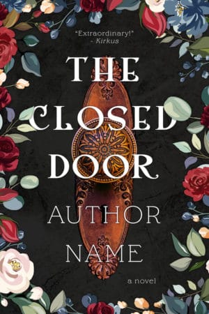 Door handle image with the title text of the book cover overtop. There is also an illustrated flower border.