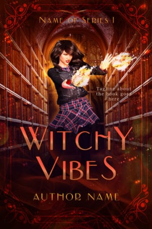 a teen witch stands in a library shooting off fireballs from her hands. The cover fits the genre of a magic academy