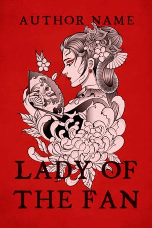 a Japanese woman holding a fan that has a skull on it, with lotus decorations