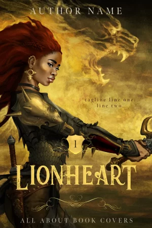 A Black lady knight holds a sword. In the background, a lion made of smoke roars at an unseen foe