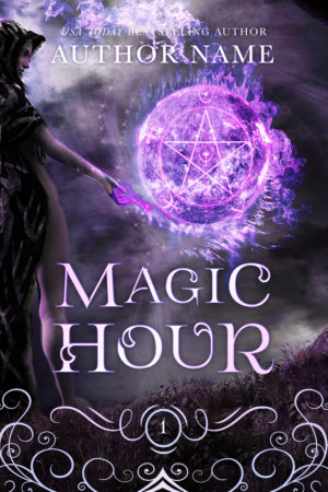 This premade fantasy book cover shows a witch casting a purple pentagram spell.