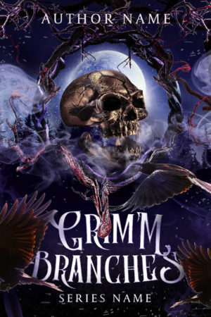 A purple book cover featuring three crows, a metal skull set in a ring of twisted branches, and a nightscape with a moon and a forest.