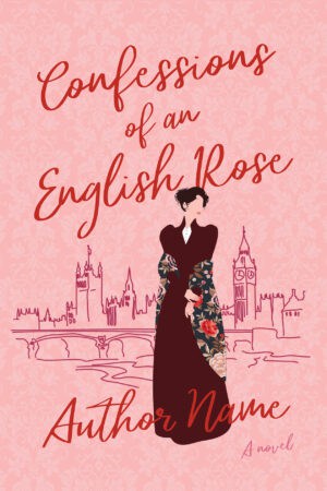 Premade historical book cover featuring a woman dressed in a Georgian outfit. Behind her, a drawing of london. The title and author name are written in a handwritten script font.