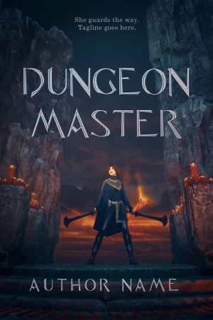 A lady knight stands in a dark stone-filled dungeon with candles. Behind her, in the distance, is an exploding volcano